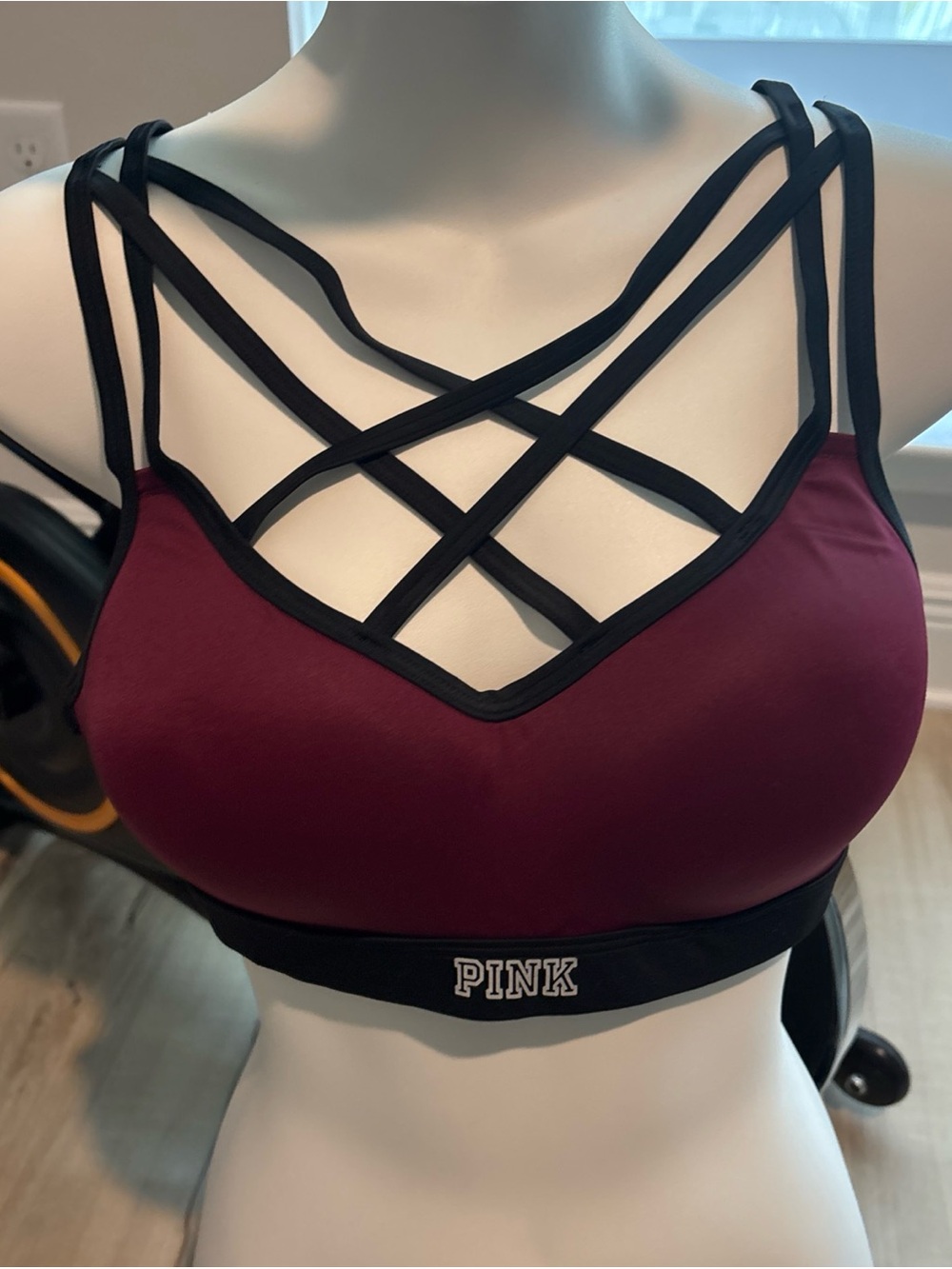 Victoria's Secret PINK Strappy Crisscross Sports Bralette in Burgundy and Black
